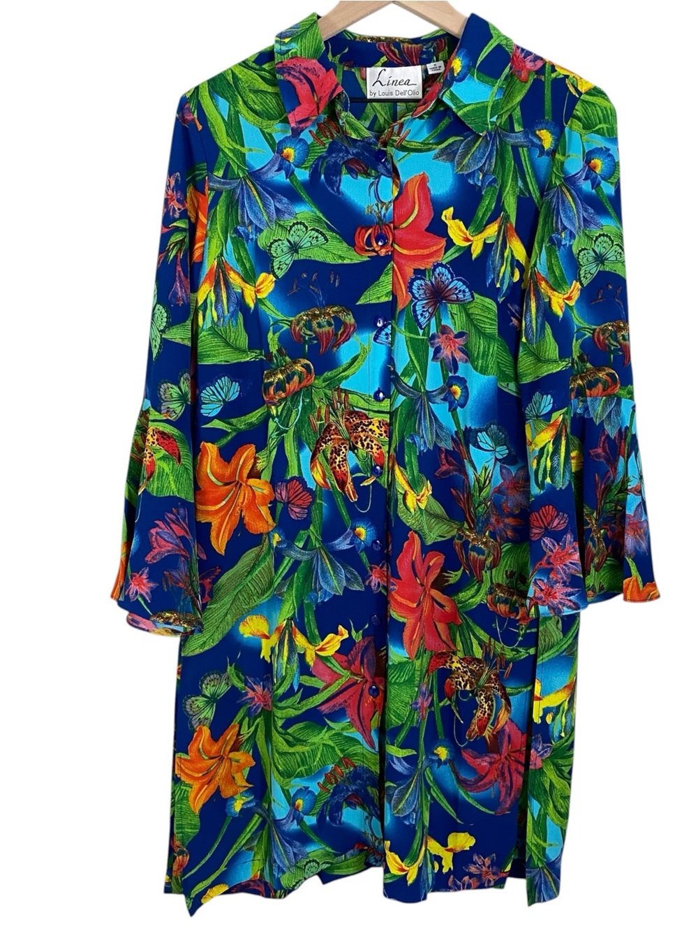 Linea By Louis Dell’Olio Duster Size Small Blue Tiger Lily Floral Button Front